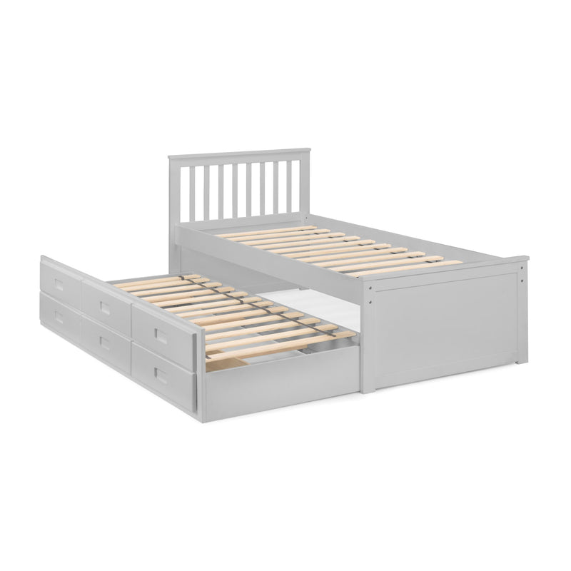 Gray bed frame with wooden slats and drawers on a white background