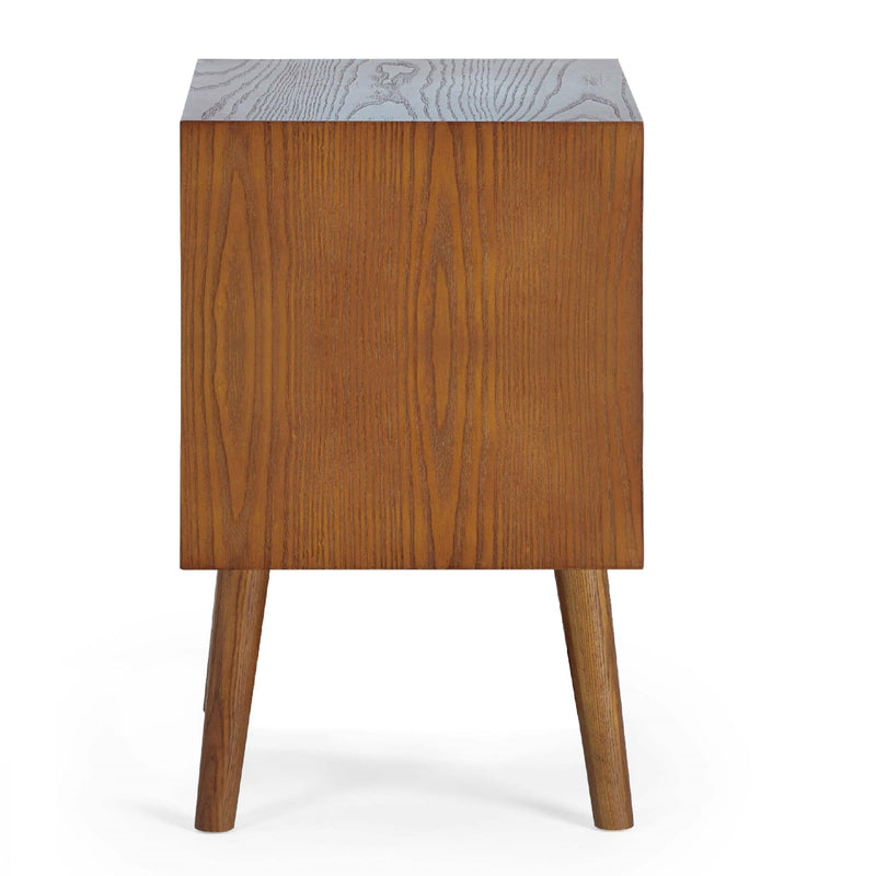Wooden side table with a gray marble top on a white background