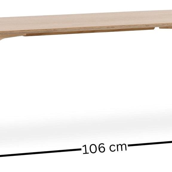 Wooden shelf with measurement label indicating 106 cm on a white background