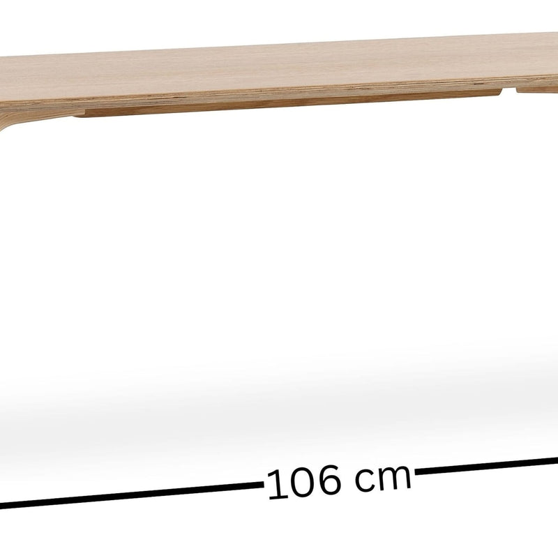 Wooden shelf with measurement label indicating 106 cm on a white background