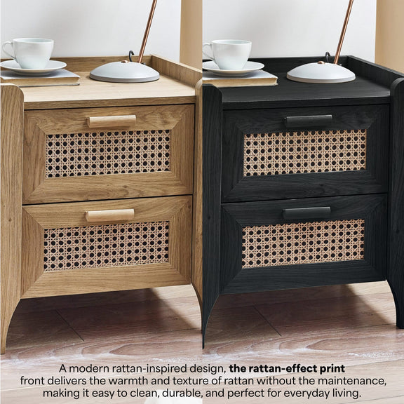 Oak and black bedside tables with woven rattan drawer fronts