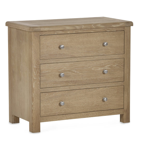 Wooden dresser with three drawers on a white background