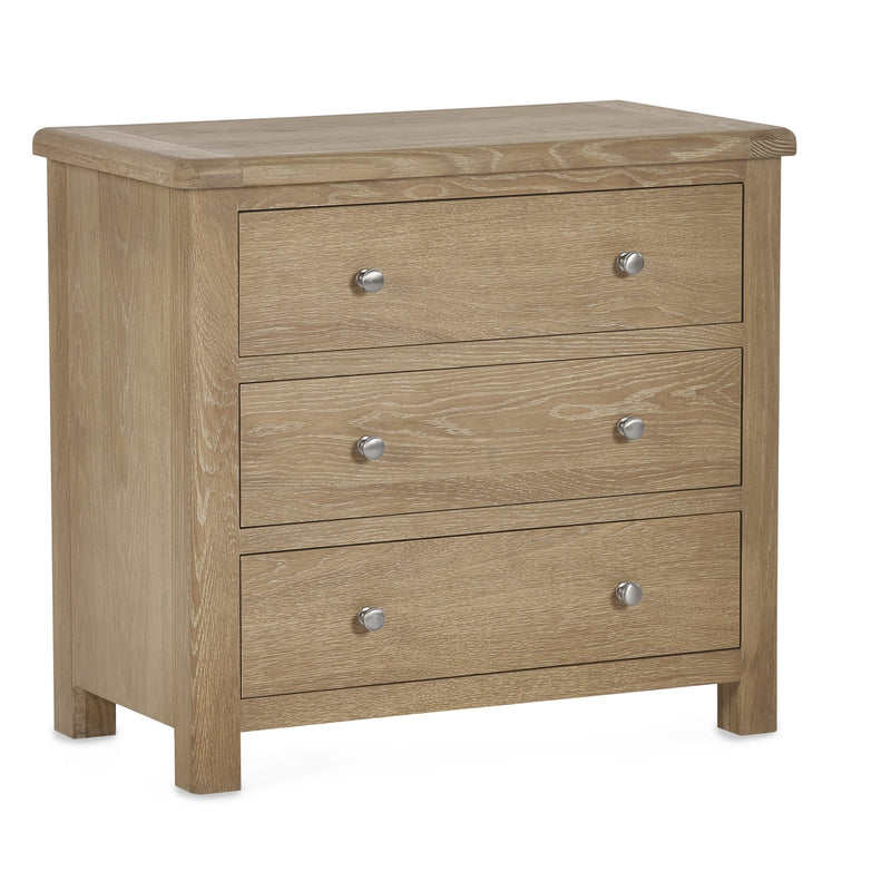 Wooden dresser with three drawers on a white background