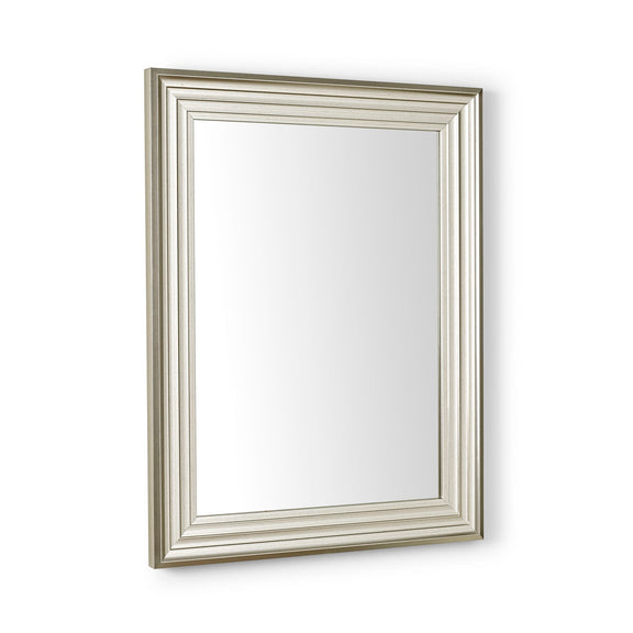 Rectangular mirror with a decorative silver frame on a white background