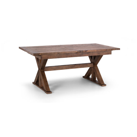 Wooden dining table with X-shaped legs on a white background
