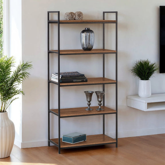 Bookshelf with decorative items in a room with plants and a window.