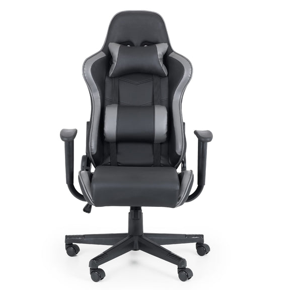 Black and gray gaming chair with neck pillow on a white background