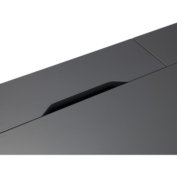 Close-up of a black electronic device with a cutout on a white background