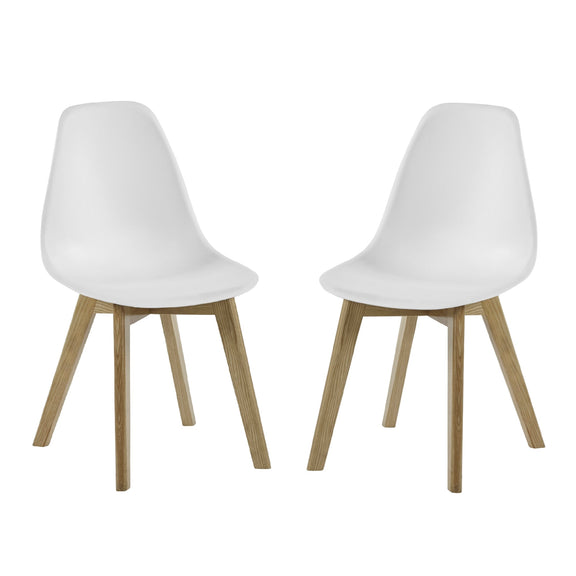 Two white chairs with wooden legs on a white background