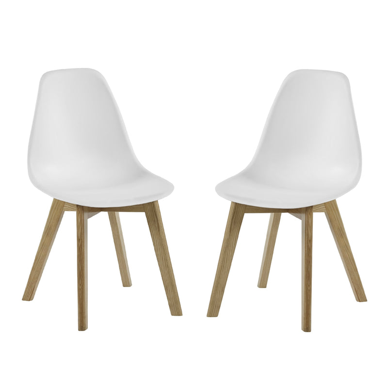 Two white chairs with wooden legs on a white background
