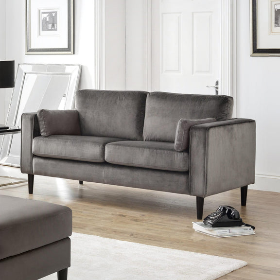 Gray sofa in a living room setting with a rug and decor items.