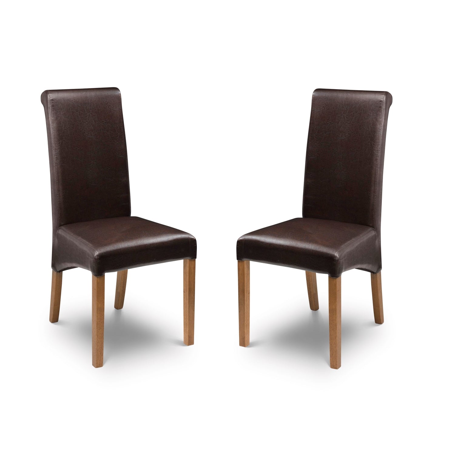 Two brown leather chairs on a white background