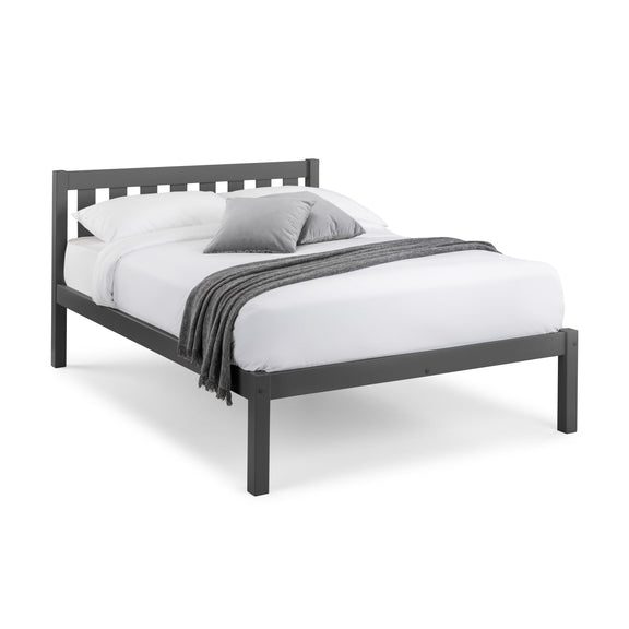 Gray bed frame with white bedding and gray blanket on a white background