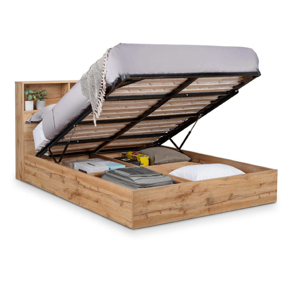 Wooden bed with storage compartments on a white background
