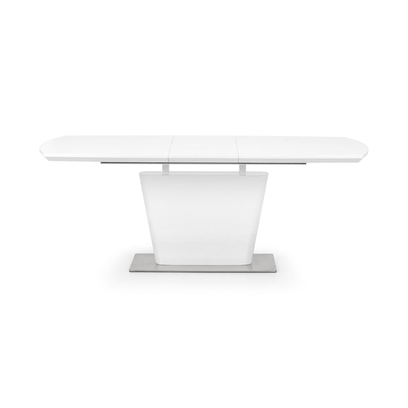 White dining table with a modern design on a white background