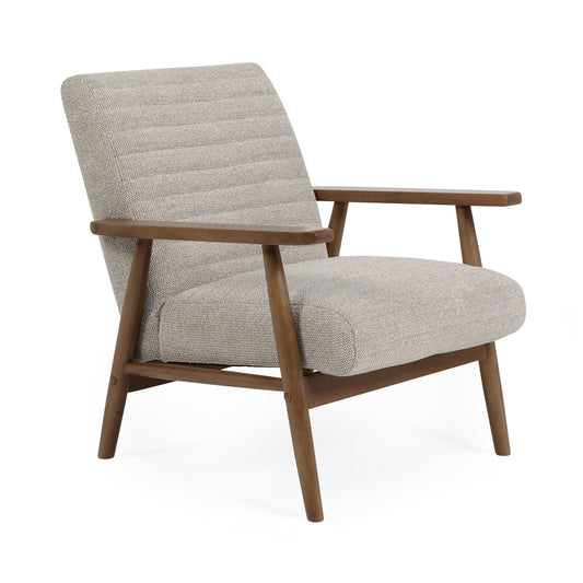 Beige armchair with wooden frame on a white background