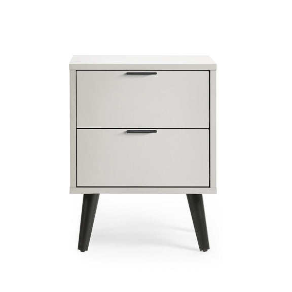 White nightstand with two drawers on a white background
