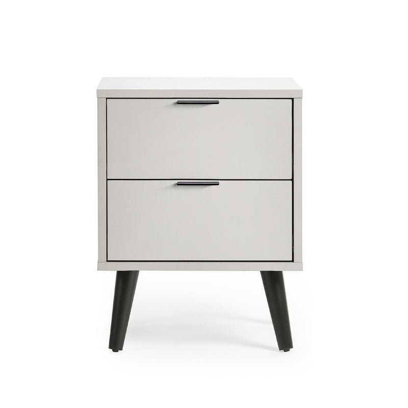 White nightstand with two drawers on a white background