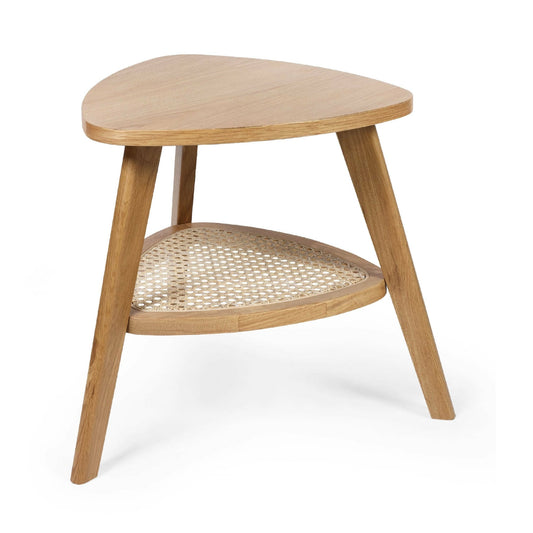 Wooden corner table with wicker shelf on a white background