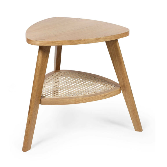 Wooden corner table with wicker shelf on a white background