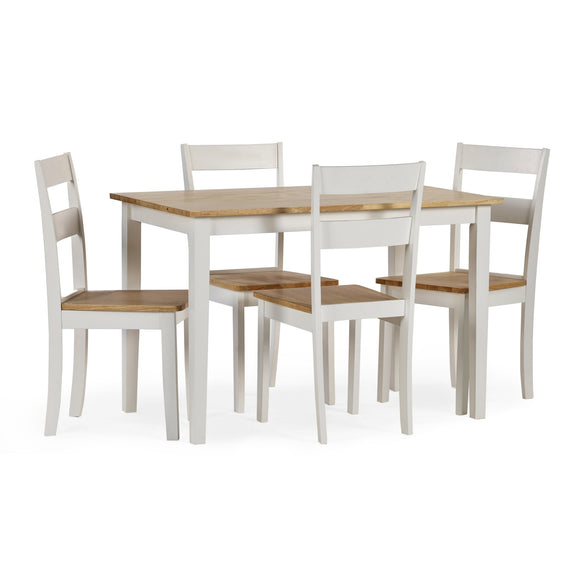 Dining table set with four chairs on a white background