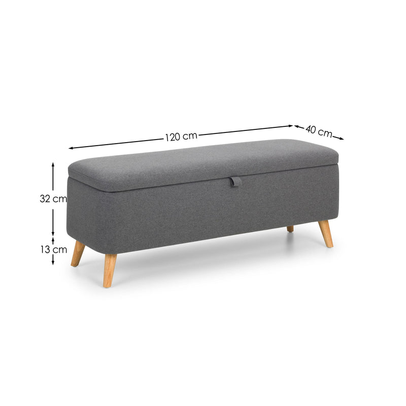 Gray storage bench with dimensions labeled on a white background