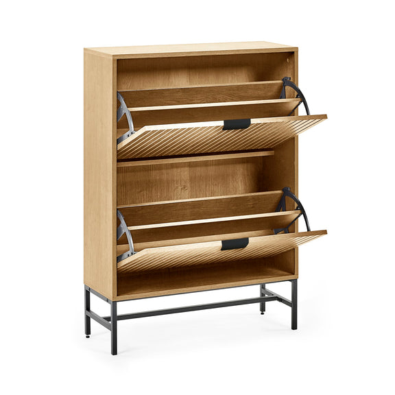 Wooden shoe cabinet with open shelves on a white background