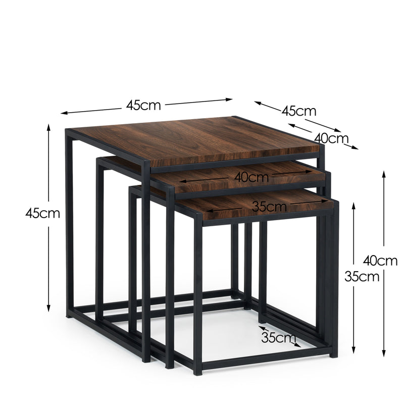 Set of three nesting tables with dimensions labeled on a white background