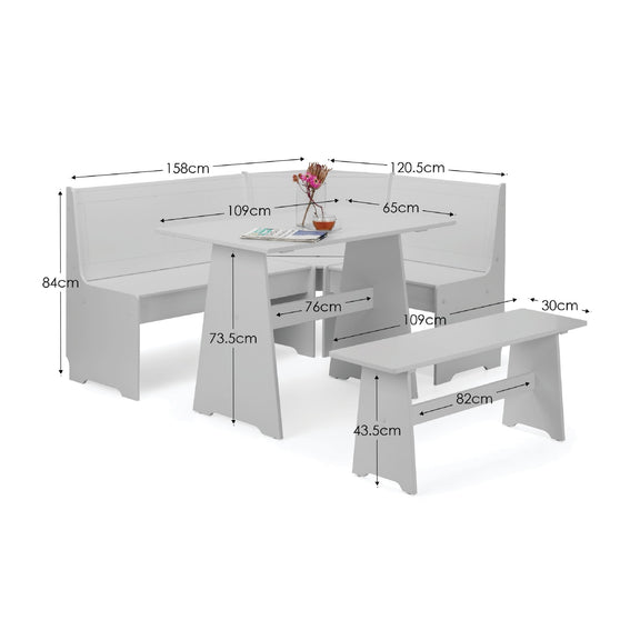 White dining set with dimensions labeled on a white background