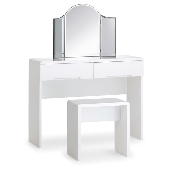 White vanity table with a mirror and stool on a white background