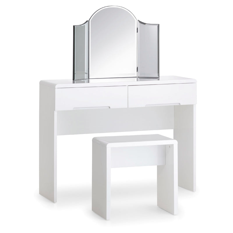 White vanity table with a mirror and stool on a white background