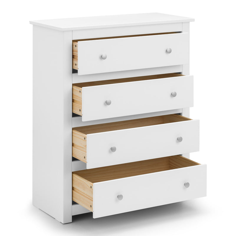 White dresser with wooden drawers on a white background