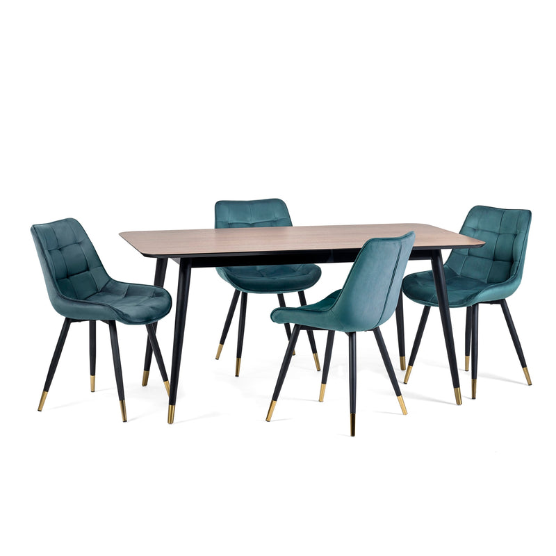 Dining table set with four matching chairs on a white background