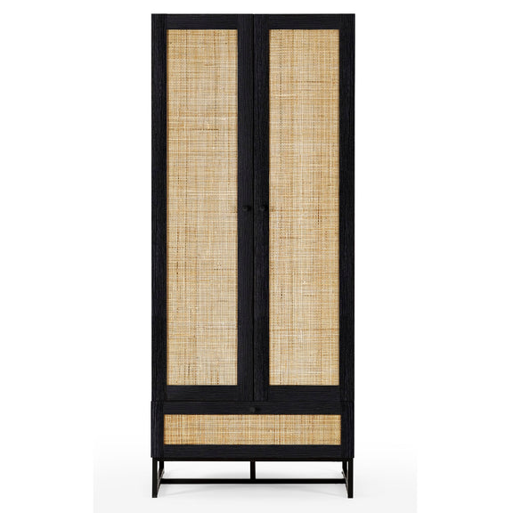 Black-framed wardrobe with woven doors on a white background