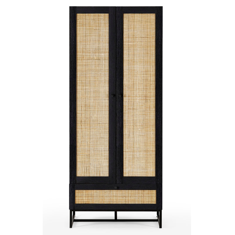 Black-framed wardrobe with woven doors on a white background