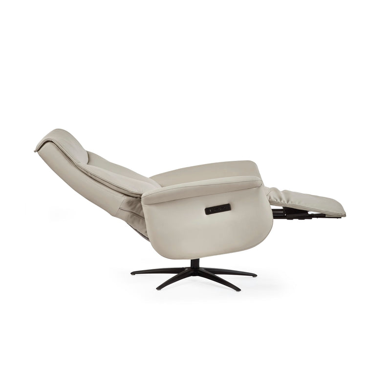 Beige recliner chair with black base on a white background