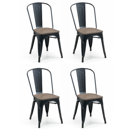 Four black metal chairs with wooden seats on a white background