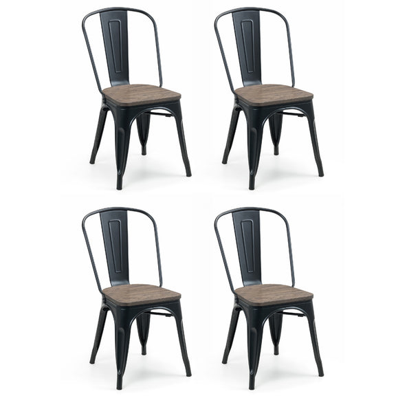 Four black metal chairs with wooden seats on a white background