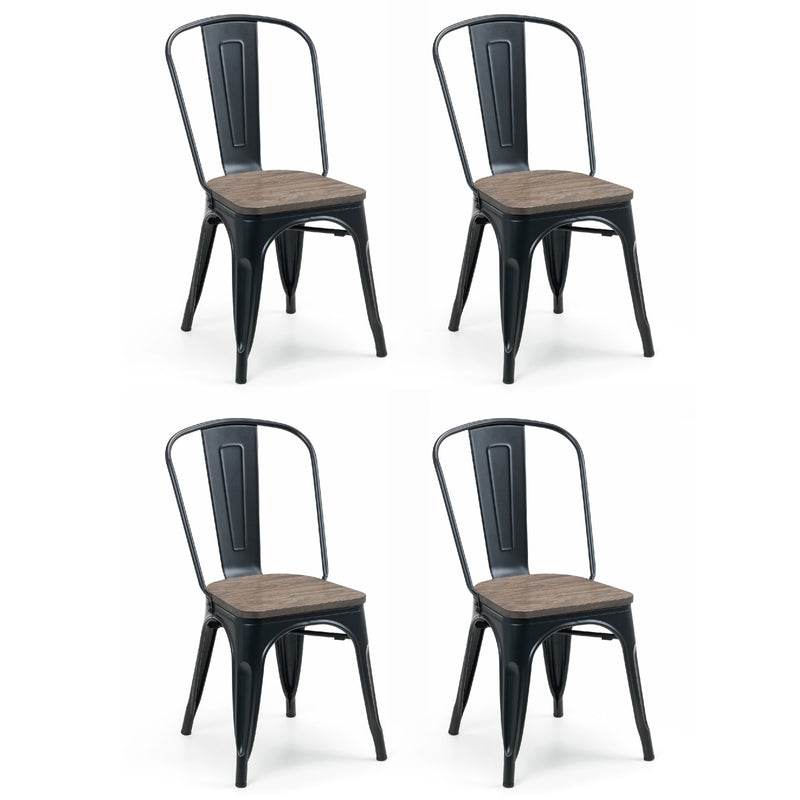 Four black metal chairs with wooden seats on a white background