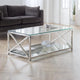 Glass coffee table with metal frame in a living room setting