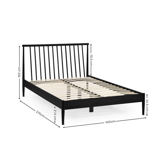 Black metal bed frame with dimensions on a white background
