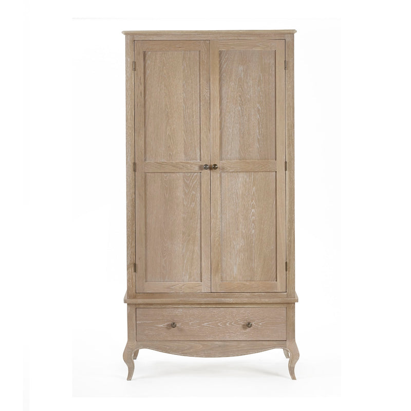 Wooden wardrobe with two doors and a drawer on a white background