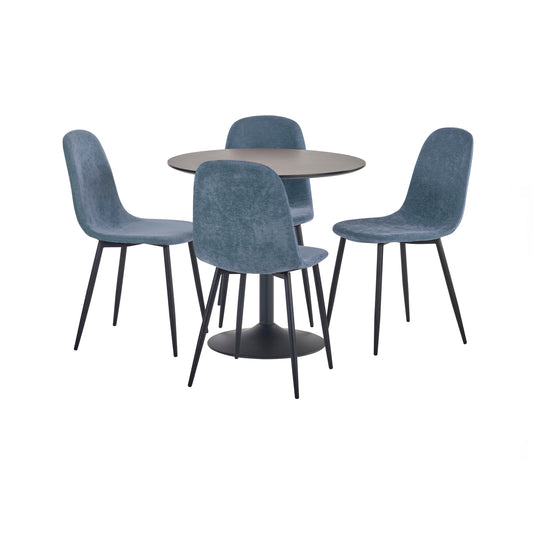 Dining table with four blue chairs on a white background