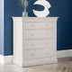 Gray dresser with four drawers against a blue wall