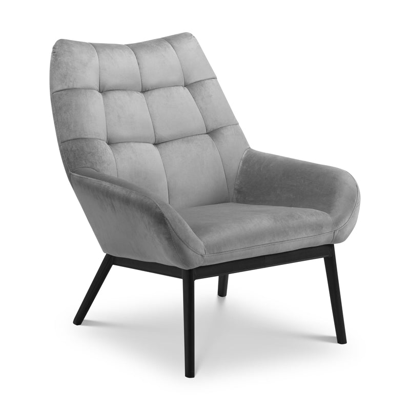 Gray upholstered armchair with black legs on a white background