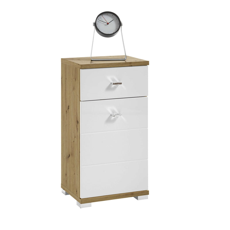 White cabinet with wooden top and sides on a white background