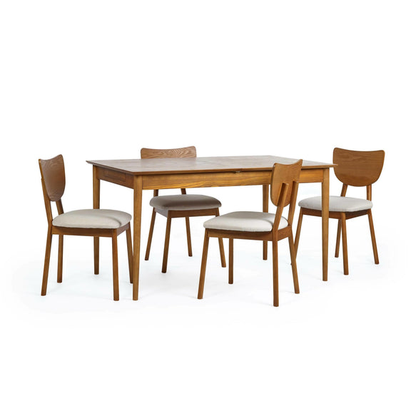 Wooden dining table with four matching chairs on a white background