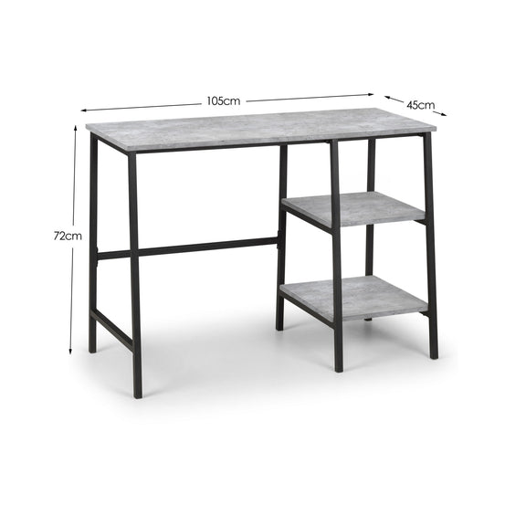Gray desk with dimensions labeled on a white background