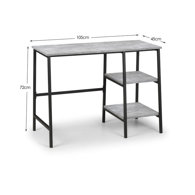 Gray desk with dimensions labeled on a white background