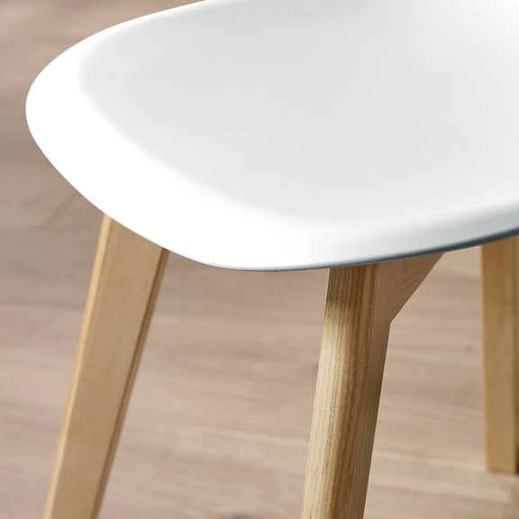 Close-up of a white chair with wooden legs on a wooden floor.